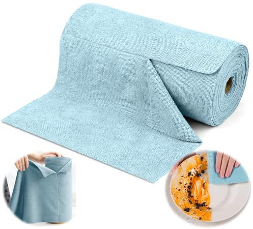 Erzekrim Mikrofaser Reinigungstücher 50 Stück Abreißbare PutztücherRolle 30x30cm Fusselfreie Putztuchrolle Sehr Saugfähig Wiederverwendbare Spüllappen für Auto, Küche und Fenster (Azurblau)