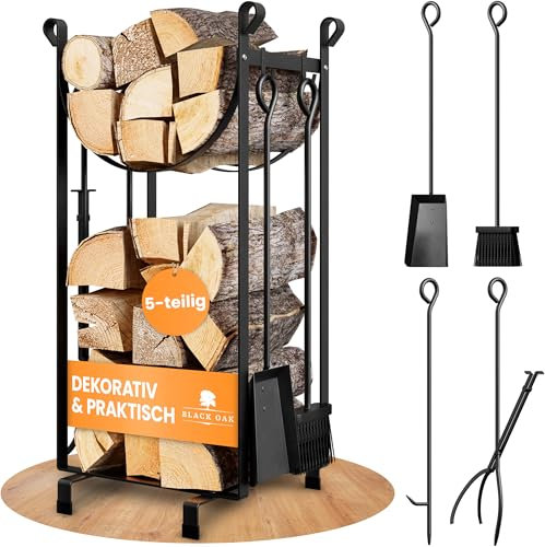 BLACK OAK Jacinto Support pour bois de cheminée en acier noir 78 x 30 x 36 cm 5 pièces 2 niveaux Serviteur de cheminée 4 pièces balayette, pelle, tisonnier + étagère Accessoires de cheminée résistant