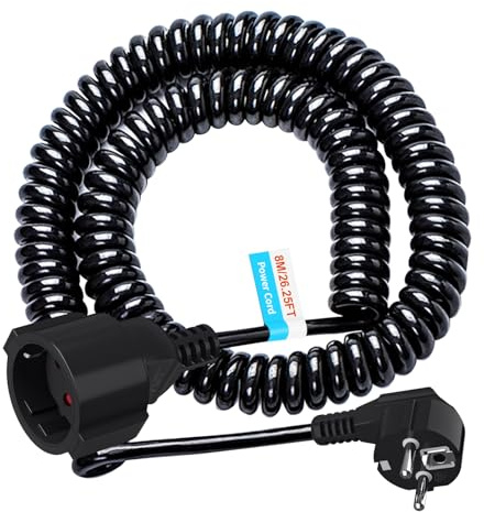 Cavo di prolunga a spirale, 8 m, 0,8 m su 8 m, con contatto di protezione, spina e contatto di protezione, 230 V/16 A, IP20, nero
