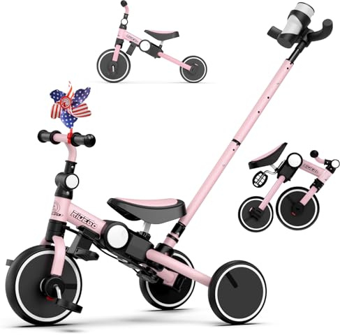 Ridego 5 in 1 Tricycle for Toddlers 3-5 Years Old,Foldable Toddler Bike with Push Handle and Cup Holder, Ideal Balance Bike and Birthday Gifts for 2 3 4 5 Year Old Boys Girls,Pink