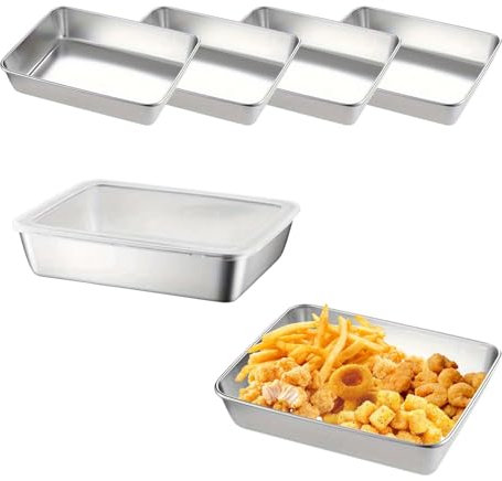 4 pezzi Contenitori in AcciaioInox con Coperchio,Teglia Forno Rettangolare AcciaioInox,vaschette in acciaio inox panier,Vassoi Rettangolari in AcciaioInox,Adatto per pesce,verdure,insalate,ecc.