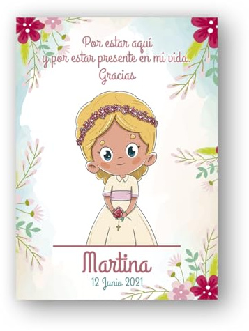 Genérico Tarjetas de Agradecimiento para Comunión Niña Rubia, detalle para invitados. Tarjetas de agradecimiento para invitados, tarjeta de agradecimiento niña de comunión.