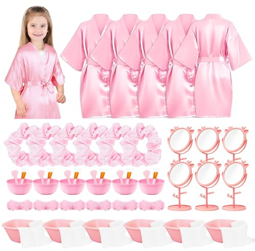 KDXBQ 6 Set Girls Spa Party Supplies Kids Robes with Accessories Kit Spa Set Party Favors for Spa Birthday Party Wedding (UK, Numeric, 140, Regular, Pink)