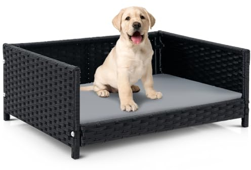 Maxmass Elevated Dog Bed, Rattan Dog Sofa with Removable Cushion, Indoor Outdoor Wicker Pet Beds for Small Medium Dogs Cats