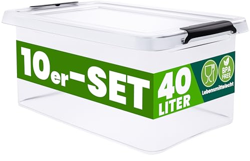 Deuba® 10x Contenitore Trasparente 40L con Coperchio BPA Free Scatole Impilabili Scatola Organizer Cucina Congelatore Contenitori Plastica Box