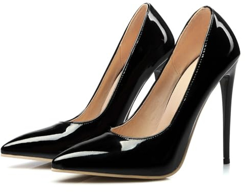 WOkismD 12CM/4.7IN Femmes Sexy Bout Pointu Talons Hauts Cuir Verni Pompes Robe De Mariée Chaussures Mignon Soirée Talons Aiguilles,Noir,47 EU