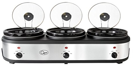 Quest Triple Slow Cooker, Buffet Server & Food Warmer, 7.5L Total Capacity - 3x 2.5 Litre Ceramic Pots, Easy to Clean, Includes Lids & Lid Stands, 3 Heat Settings