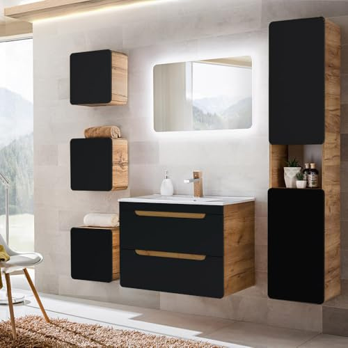 Lomadox Ensemble complet de meubles de salle de bain en céramique avec armoire à LED, miroir haute et 3 placards suspendus Anthracite foncé