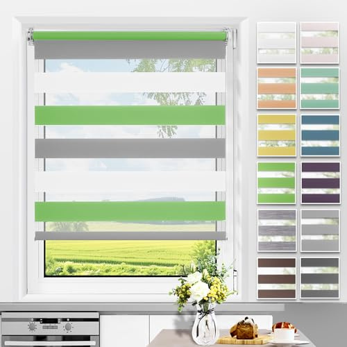 Allesin Doppelrollo Klemmfix ohne Bohren & mit Bohren, Duo Rollos für Fenster und Tür, Fensterrollo lichtdurchlässig, Sonnenschutz, B65 x H120cm (Stoffbreite 65cm) Grün-Grau-Weiß