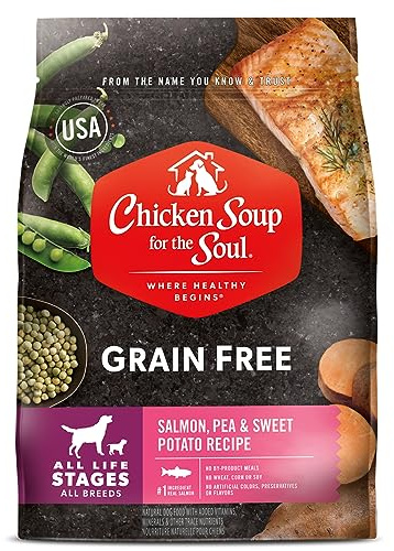 Chicken Soup for The Soul All Natural Premium Grain-Free All Life Stage Dry Dog Food, Real Meat First Ingredient, No by-Products, Added Taurine Supports Heart Health, Salmon, Pea & Sweet Potato, 4lb