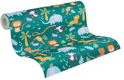 A.S. Création Kinderzimmertapete Little Love Tapete mit niedlichen Tieren PVC-freie Vliestapete grün gelb blau braun weiß seidenmatt glatt 381151