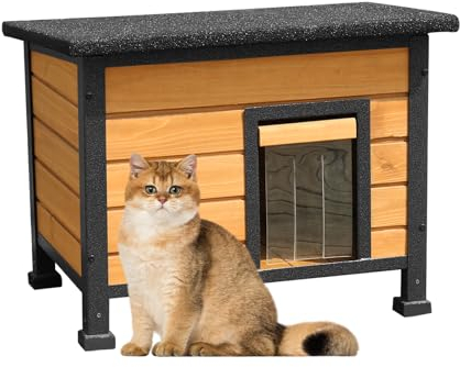 X-ZONE PET Cat House Outdoor & Indoor Wooden Cat House Weatherproof for Winter Ribbit Hutch Wooden House for Rabbits Guinea Pigs Cat Shelter with All-Around Iron Frame