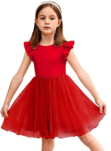 Arshiner Toddler Baby Girls Summer Dress Tutu Dresses Flutter Sleeve Children Outfits (Red, 5T)