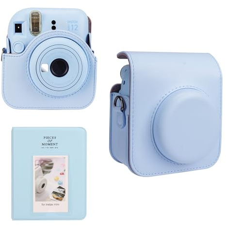 Meetikar kameraväska och 64 fickor fotoalbum kompatibel med Fujifilm Instax Mini 12 direktbildskamera, PU-läderbärbar mini 12 kameraväska med justerbar axelrem och fotoalbum, blå, Kameraväska