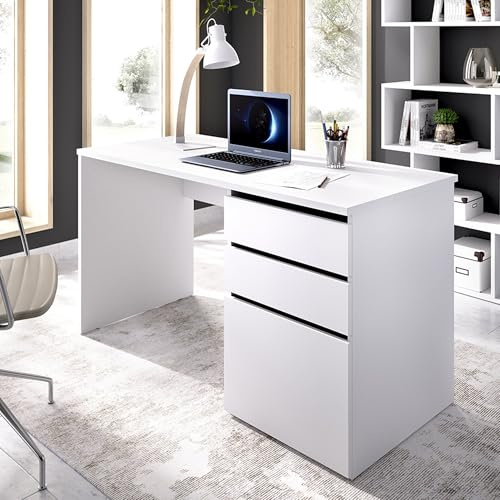 Dmora - Scrivania Lagoni, Scrittoio multiuso da ufficio o cameretta, Tavolo da studio lineare con 2 cassetti e 1 anta, 139x60h75 cm, Bianco