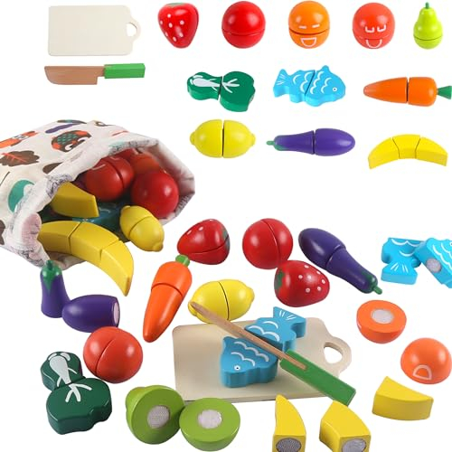 huruirui Hölzernes Schneiden Sie Obst und Gemüse Holzspielzeug,KinderküChe Zubehör Spielzeug,Lernspielzeug für Kochsimulation und Farberkennung 2 3 4 Jahre älter Jungen Mädchen Spielküche Geschenk