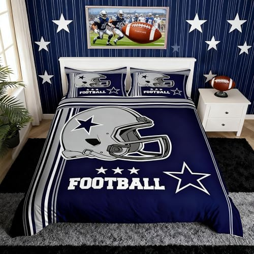 American Football Duvet Cover Set Full Size,Western Texas Star Cowboy Football Sports Bedding Set,Boys Men Room Decor,Rugby Helmet Geometric Stripes Comforter Cover,Blue Quilt Cover,2 Pillowcases