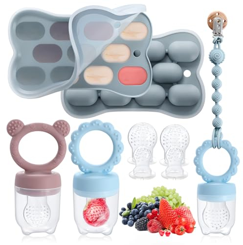Mittimiya Tetine Grignoteuse Bébé de 3 4 5 6-24 mois, 2 pièces mangeoire à fruits pour bébé & récipient de stockage des aliments pour bébé & chaîne de tétine & 6 tétine fruit bébé en silicone