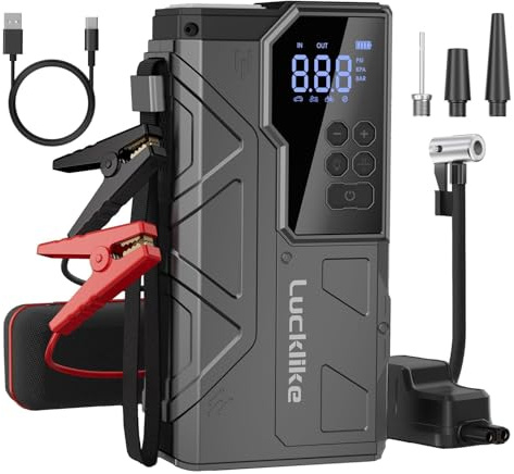 Lucklike Starthilfe Powerbank mit Luftkompressor 150PSI,6000A Autobatterie Booster für 10.0l und 8.0L Dieselmotor,18W Auto Starthilfe Powerbank für PKW Motorrad Rasenmäher