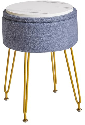 IBUYKE Teddy Sammet Förvaring Fotstöd Pall Ottoman, Sminkbord Sidobord med Avtagbart skydd, Gyllene Stål Benen, Soffbordsöverdrag, Grå Blå WBD010