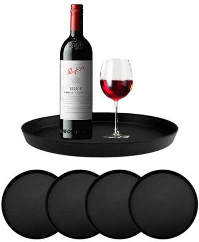 burkfeeg Serviertablett, schwarz, rund, aus Kunststoff, für Bars, Cafés, Restaurants, 5 Stück, 22,6 cm