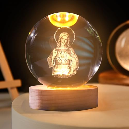 FUFRE Sfera di cristallo luce notturna, in preghiera 3D con base in legno, decorazione natalizia in vetro, pianeta di Gesù croce, regali religiosi per la decorazione di interni (Nostra Signora)