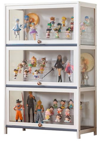 errtsdb 70x33x106cm Bambus-Aufbewahrungsschrank, 3 Schicht vitrinenschrank, glasvitrine stehend Vitrine mit AcryltüR für Sammlerstücke, Bücher, Weiß/Auf DREI Seiten transparent