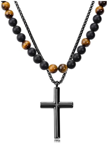PiercingJak 2PCS Herren Halskette Tigerauge Achat Perlen Kette Schwarz Edelstahlkette mit Kreuz Anhänger Kristallkette Edelstein Heilsteine Schmuck Spirituelle Geschenk für Männer Jungen
