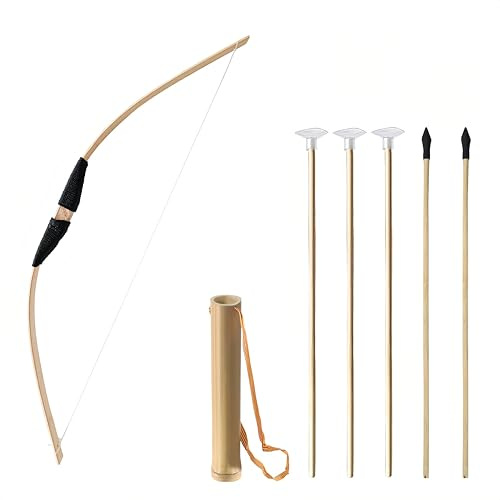 Bow and Arrow Set, Wooden Archery Set, Youth Bow and Arrow Set for 15, Cosplay Costume Prop Bow & Arrow with 1 Bamboo Quivers, 2 Targets and 3 Black Arrows