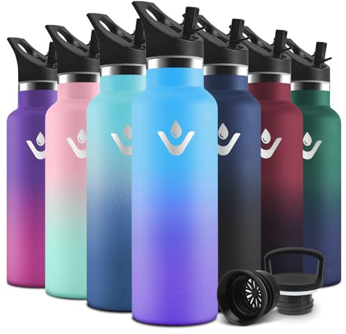 Motswedi Borraccia Termica Bambini, 500ml Con 2 Tappi, Borraccia con Cannuccia, Doppia Parete, Bottiglia Termica, A Prova di Perdite, Bottiglia acqua Per Scuola, Sport, Palestra, Azzurro-Viola