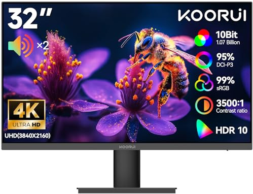 KOORUI 32 Tum 4K PC-skärm, UHD 3840 x 2160, 60Hz, Built-in Speakers, HDR10, VA, 3ms, Adaptive Sync, 95% DCI-P3, Eye Care, VESA 100 x 100, HDMI/DP, Home Work Office and Gaming