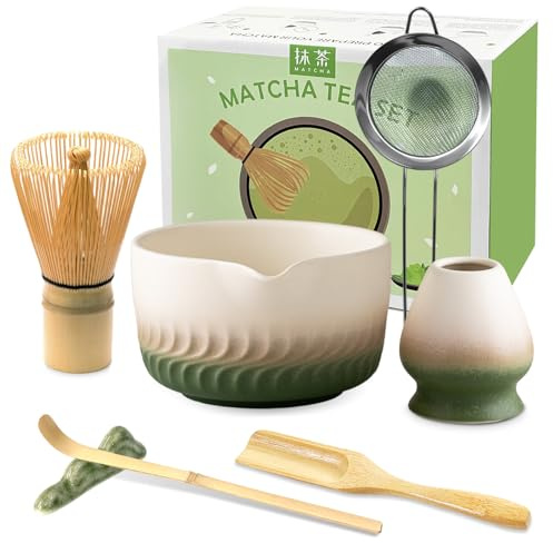 JBER Juego de 7 escobas Matcha Matcha – Whisk Matcha de bambú, cuenco para matcha con caño, soporte para escoba matcha, cuchara y soporte, regalo para ceremonia matcha, color verde degradado