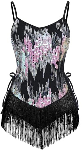 OMEWEE Women Sequins Tassel Latin Dance Dress Sleeveless Sparkly Fringe Bodysuit Leotard Salsa Cha Cha Samba Rumba Jazz Dress Performance Costume Ballroom Dancewear Black Small
