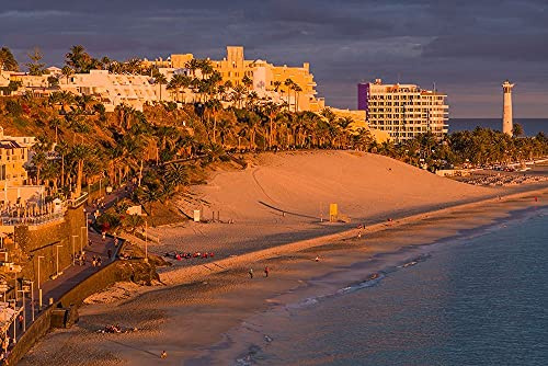 ArtExpert Canary Islands-Fuerteventura Island-Morro Jable-high Angle View of Playa de la Cebada Beach-Sunset by Walter Bibikow - 24x16 Art Print Poster