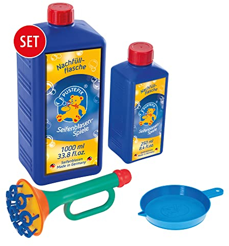 PUSTEFIX Multi-Bubble-Trompete + Seifenblasenwasser Nachfüllflasche Maxi 1,0 L I Bunte Bubbles Made in Germany I Seifenblasen Spielzeug für Kindergeburtstag, Hochzeit I Spaß für Kinder & Erwachsene