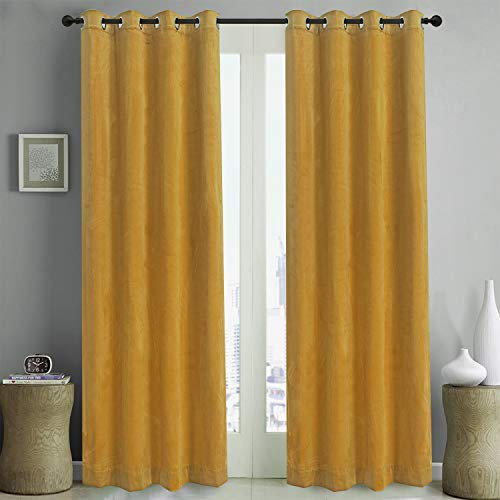 Rose Home Fashion Velvet Blackout Curtain Set with Eyelet, 2 Panels Thermal Insulated Velvet Curtains for Living Room Bedroom, 46 X 54(W X L), Gold