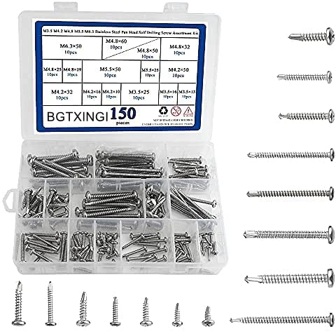BGTXINGI 150Pcs 5 Kinds M3.5 M4.2 M4.8 M5.5 M6.3 Stainless Steel Pan Head Self Drilling Screw Sheet Metal Wood Screw Assortment Kit Collected in A Convenient Case