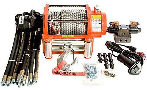 Winchmax Hydraulische Winde (9.072 kg), Orange. 25 m x 14 mm, Stahlseil. 1/2 Zoll Gabelhaken, 24 V hydraulische Steuerung.