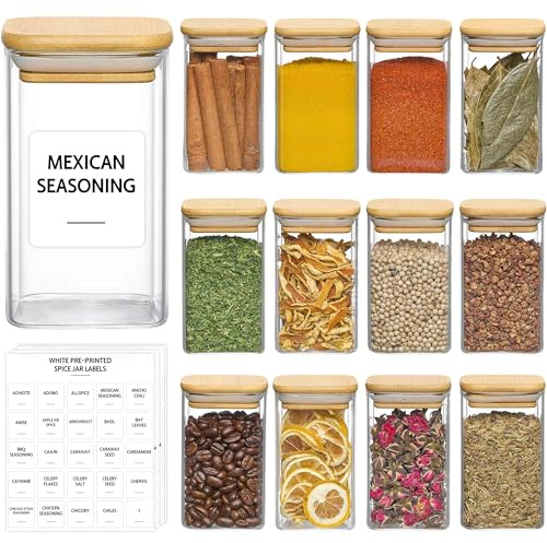 Danmu Art 12-Pack 270ml Airtight Glass Spice Jars with Bamboo Lids – Square Containers for Herbs, Spices, Seeds, Tea – Includes 175 Labels (Kitchen Storage)