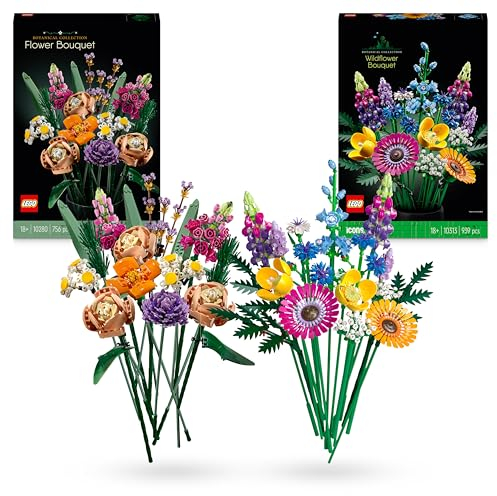 Bundle of LEGO 10280 Flower Bouquet, Artificial Flowers + LEGO 10313 Icons Wildflower Bouquet Set, Artificial Flowers with Poppies and Lavender, Crafts for Adults