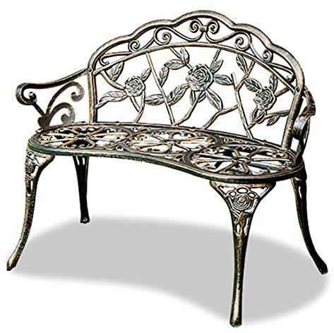 Utomhusträdgårdsbänk, uteplatsbänk Gjutna aluminiummetallmöbler med stolsmöbler med blomrosaaccent för park, trädgård, veranda, gräsmatta, balkong, bakgård (Färg: brons)