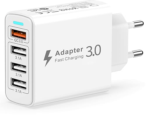 Cargador USB Multiple 4 Puertos, Enchufe USB Carga Rapida 33W con Quick Charge 3.0, Cargador Móvil Carga Rapida Multiple Rapido para iPhone 17/16/15/14/13/12/11/8,Samsung S25/S24/S23/S22