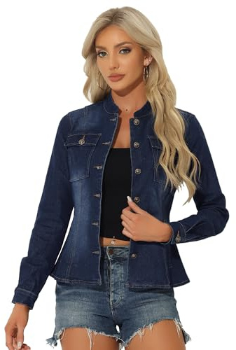 Allegra K Casual Denim Jacket for Women's Classic Stand Collar Long Sleeve Jean Jacket Medium Dark Blue