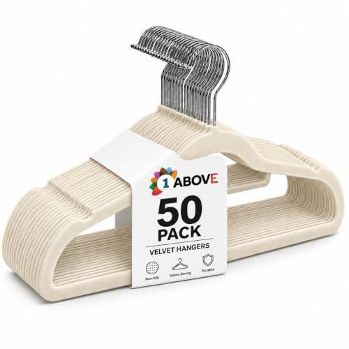 1ABOVE 50 Pack Ivory Velvet Non-Slip Clothes Hangers 44cm | Set of 50 sturdy non-slip velvet hangers with tie bar and 360° swivel hooks for jackets, jumpers, pullovers and suits.