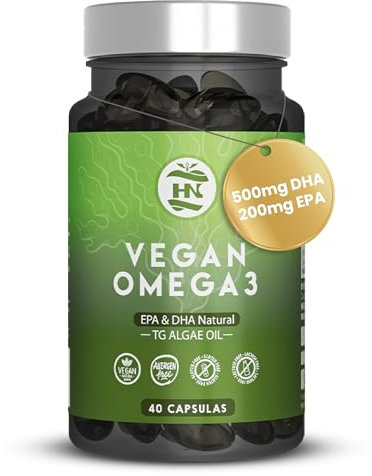 Omega 3 Vegan (40 capsule, 20 giorni) Vegan Omega3 1000mg Olio di alghe bilanciato con DHA ed EPA, alghe marine Omega-3 Vegano con vitamina E, ideale per il cervello e il cuore, integratore vegan