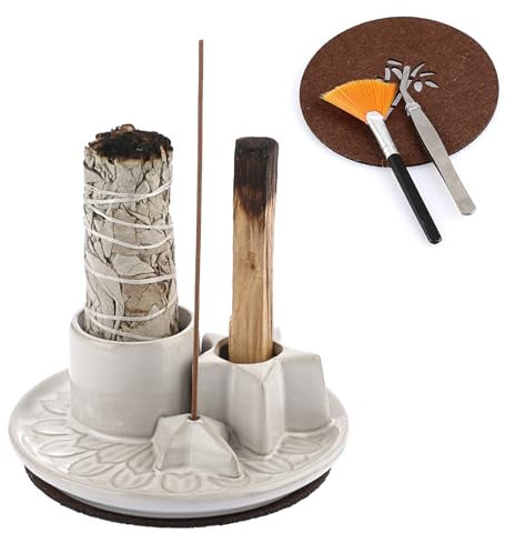 SUMTree Räucherstäbchenhalter aus Keramik Weiß Räucherschale Räuchern Halter mit Pinzette, mat und Bürste Sternform Heimdeko Räucherstäbchen Halter für Räucherstäbchen, Palo Santo, Weißer Salbei