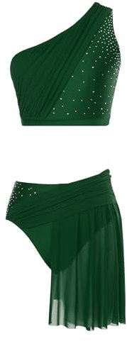 Yruioon Damen Lyrisch Tanzkleid Zweiteiler Strass Crop Tops + Shorts Asymmetrisch Rock Eiskunstlauf Kleid Glitzer Ballettkleid Latein Modern Dance Tanzkostüm Grün S