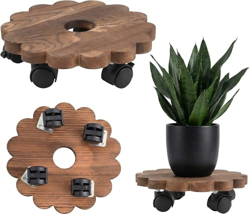 Supvox Rullo per piante in legno massello Ø 20 cm – Portata fino a 35 kg – Tavola rotonda per vasi di fiori – Sottovaso mobile con 4 ruote girevoli per interni ed esterni – Robusto design in vero