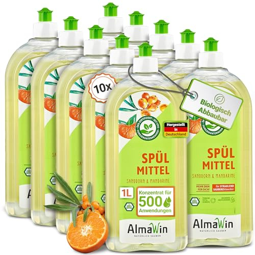 AlmaWin® Spülmittel Öko [10x 1L] mit Sanddorn & Mandarine-Duft - Kraftvolles Geschirrspülmittel flüssig mit hoher Fettlösekraft - Vegan Dish Soap - Biologisch abbaubares & ergiebiges Konzentrat