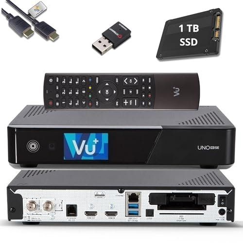 VU+ UNO Receptor satélite 4K SE E2 Linux + 1TB SSD & Wi-Fi 300 (DVB-S2 FBC Twin Tuner, 4K HDR, HDMI 2.0, USB 3.0, CI + lector de tarjetas, pantalla LCD de 2,4, HTS e-com HDMI, caja de TV con función